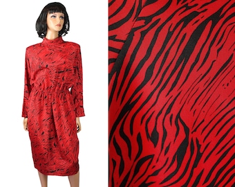 80er Jahre Sekretär Kleid 10 M Vintage Rot Schwarz Tiger Gestreift Rollkragen Langarm