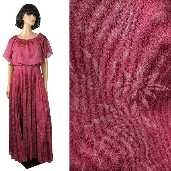 70s Cape Dress Sz S Vintage Long Dark Red Floral Chiffon Pleated Disco Gown