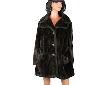 Faux Fur Coat Sz XL Vintage 80s Dark Chocolate Brown Thigh Length Jacket