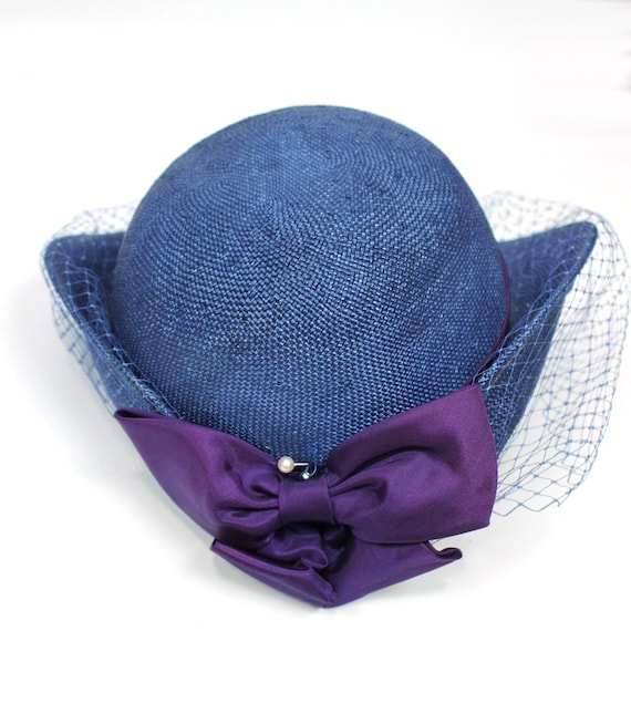 Vintage 60s Hat Sz S Sylvia Blue Purple Raffia Straw Tulle  display picture 2