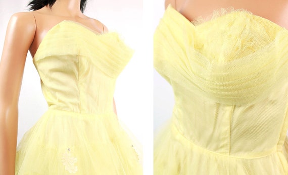 50s Prom Dress XS Vintage Yellow Tulle Strapless … - image 2