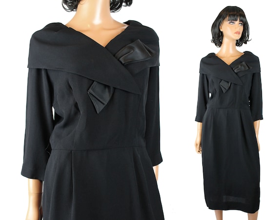 Vintage 40s Cocktail Dress M Black Wool Satin Sai… - image 1