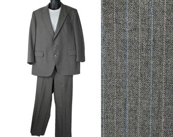 Vintage 80s 2 Piece Suit 46S 38x28 Gray Blue Wool Blend Pinstripe Blazer Pants