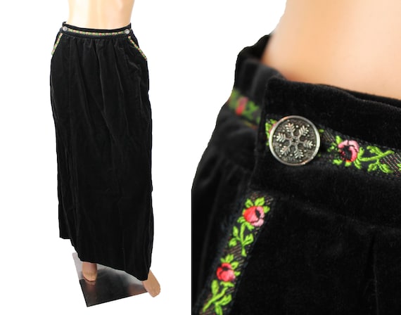 Cotton Velvet Skirt S Vintage Long Black Embroide… - image 1