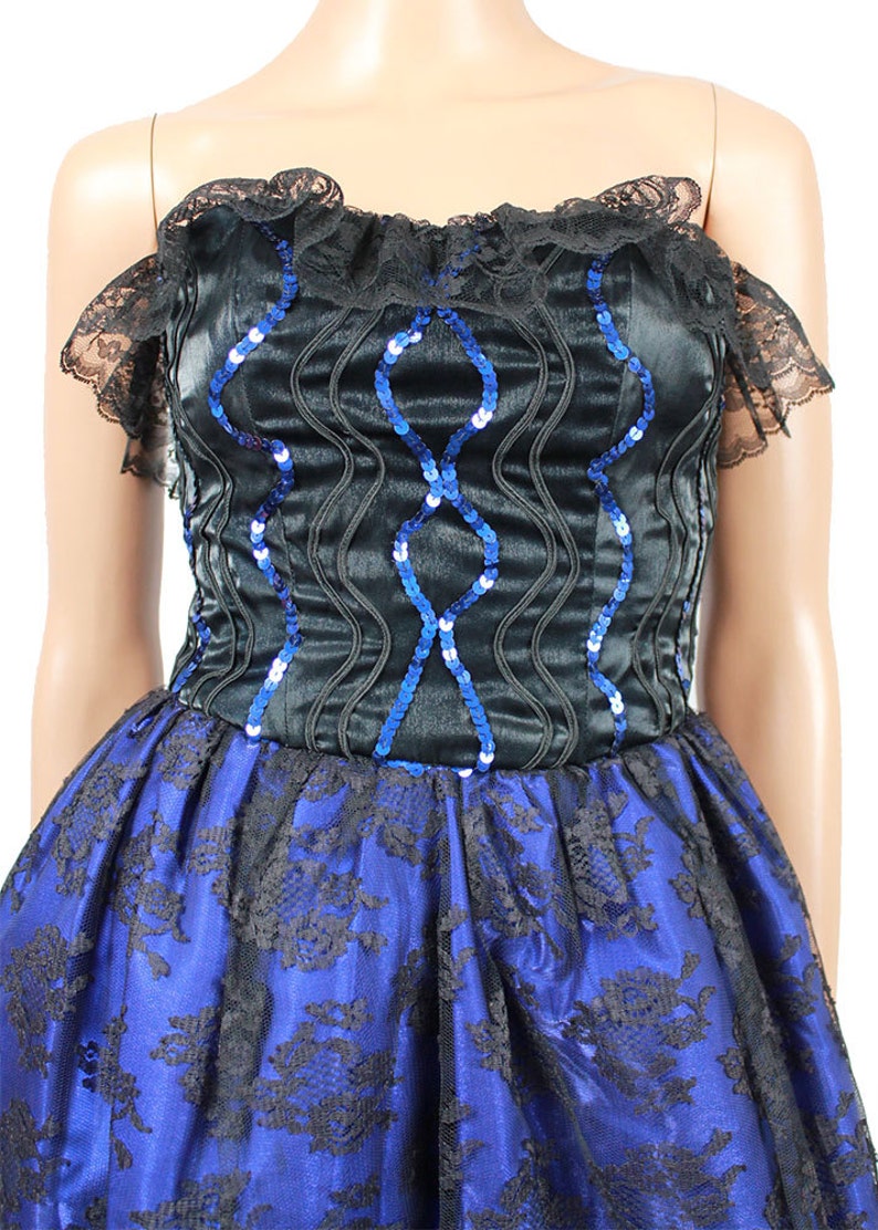 80s Prom Dress Jrs XS Vintage Strapless Black Lace Blue Satin Long Gown image 2