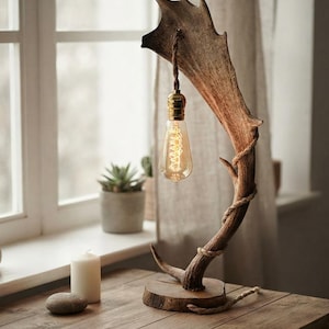 Może przedstawiać: Lampa stołowa z zakrzywioną brązową strukturą poroża zamontowaną na okrągłej drewnianej podstawie. Pleciony sznur owija się wokół poroża, podtrzymując mosiężną oprawkę z przezroczystą żarówką typu Edison emitującą ciepłe światło.
