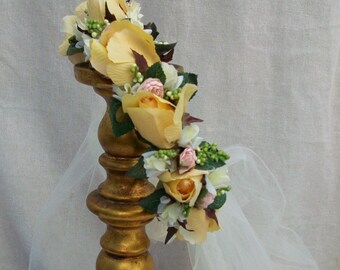 Wedding Yellow Rose Laurel Crown, with pink and white tiny Roses accents and Ivory netting