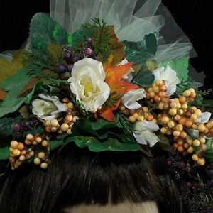 Woodland Renaissance Fairy Forest Rustic Halo Crown Head Wreath, Rose, Ivy, Berries, Tulle, Wicca, Fairy wedding