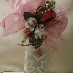 Victorian Chic Rose Pink and White Lighted Bottle, Wedding decor, Bridal Shower