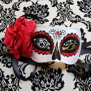 Beloved Mask, Day of the Dead mask with red burnt rose