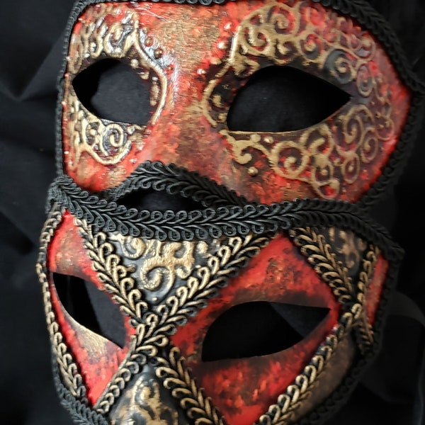Diablo Paired Masks, Red Venetian Masquerade Mask, Italian Red Feather Mask, Venetian Red Feather Mask, Red Feather Masks, Erotic Red Masks
