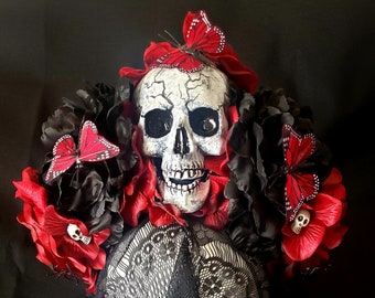 Blood Moon Day of the Dead Headdress, Dia de los Muertos Costume, Red Roses Butterfly Headpiece, Catrina Costume Headband, Muertos Headpiece