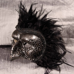 Grimoire Mask, Handmade Bird shaped paper mache mask in silve and black with black feather mane