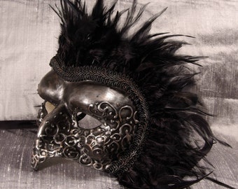 Grimoire Mask, Handmade Bird shaped paper mache mask in silve and black with black feather mane