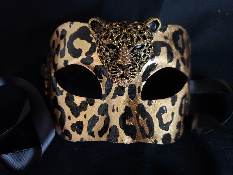 Leo Rising Moon Mask, Leopard Print Mask, Leopard Costume, Gold Leaf Leopard, Bling Mask, Bling Costume, Gold Leopard Mask, Gold Cat Mask image 3