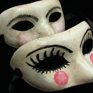 Dollfaced Couple Masks, male/female paired faux porcelain baby doll faced paper mache masquerade masks