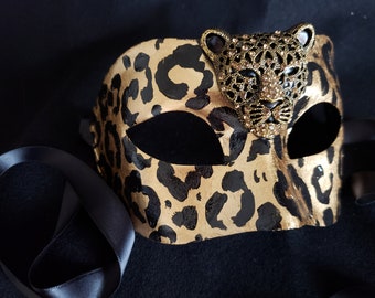 Leo Rising Moon Maske, Leopard Print Maske, Leopard Kostüm, Blattgold Leopard, Bling Maske, Bling Kostüm, Gold Leopard Maske, Gold Katzen Maske