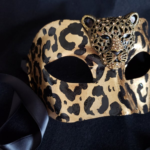 Leo Rising Moon Mask, Leopard Print Mask, Leopard Costume, Gold Leaf Leopard, Bling Mask, Bling Costume, Gold Leopard Mask, Gold Cat Mask