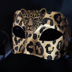 Leo Rising Moon Mask, Leopard Print Mask, Leopard Costume, Gold Leaf Leopard, Bling Mask, Bling Costume, Gold Leopard Mask, Gold Cat Mask image 2