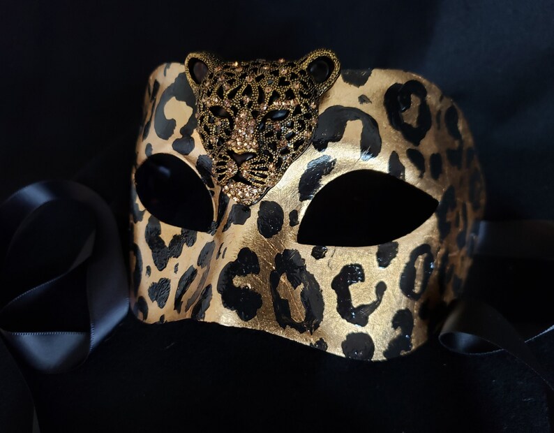 Leo Rising Moon Mask, Leopard Print Mask, Leopard Costume, Gold Leaf Leopard, Bling Mask, Bling Costume, Gold Leopard Mask, Gold Cat Mask image 2