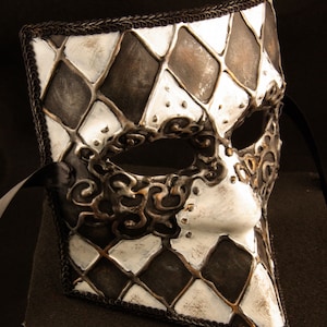 Jaust Bauta Mask, Black and White Harlequin Bauta Mask with Gold and Silver Gilding on 3D Swirls