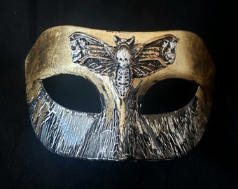 Silence Masquerade EyeMask, Moth Costume Mask, Deathshead Moth, Venetian Moth Eyemask, Black and Gold Mask, Unisex Gold Moth Eyemask