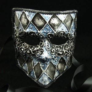 Silver Knight Bauta Mask, Black and Grey Harlequin Bauta Mask with Silver Gilding on 3D Swirls