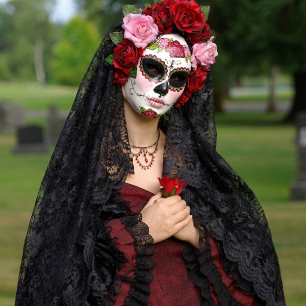 La Rosa Catrina Mask, Day of the Dead full faced paper mache mask wtih attached headdress