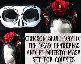 Crimson Skull Headdress and El Muerto Mask Day of the Dead Costume Set, Dia de los Muertos Costumes, Day of the Dead Paired Costumes Mask