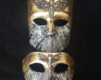 Silence Couple Masquerade Masks,  Moth Costume Mask, Deathshead Moth Couple's Masks, Venetian Couple's Mask, Black and Gold Paired Masks