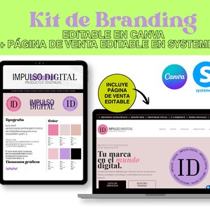 Puede incluir: Un kit de branding digital mostrado en una tableta y un portátil. La tableta muestra una guía de branding con tipografía y paletas de colores. El portátil muestra un diseño web. El texto incluye "Impulso Digital" y "Editable en Canva".