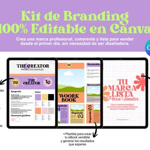 Puede incluir: Un kit de branding digital, 100% editable en Canva, se muestra en tres tabletas. El kit incluye plantillas, paletas de colores y un eBook para ayudar a crear una marca profesional. El texto en las tabletas está en español.