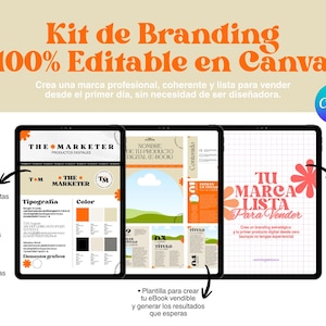 Puede incluir: Un kit de branding digital, 100% editable en Canva, se muestra en tres tabletas. El kit incluye plantillas para logotipos, paletas de colores y tipografía. El texto en las tabletas está en español, con el logo de Canva.