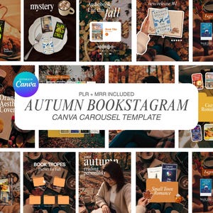 Könnte beinhalten: Ein digitales Marketing-Vorlagenset mit dem Titel Autumn Bookstagram Canva Carousel Template, inklusive PLR und MRR. Die Collage zeigt verschiedene Buchcover, Leselisten und saisonale Grafiken mit Textüberlagerungen wie Dark Academia und Book Tropes.
