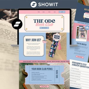 Puede incluir: Un diseño de sitio web digital para The ODC Book Club mostrado en una pantalla, con un esquema de colores azul claro y rosa, una ilustración de estantería con una borla rosa y secciones tituladas Why Join Us, Your Book Club Perks y FAQ.