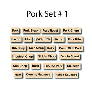 May include: A collection of wooden blocks labeled with various cuts of pork, including "Pork Steak," "Pork Roast," "Bacon," "Ribs," and "Sausage." The text "Pork Set # 1" is at the top.