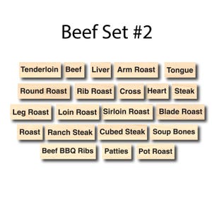 May include: A set of wooden blocks with different cuts of beef labelled on them. The blocks are arranged in a grid pattern and include labels such as "Tenderloin", "Round Roast", "Leg Roast", "Roast", "Beef BBQ Ribs", "Liver", "Rib Roast", "Loin Roast", "Ranch Steak", "Patties", "Arm Roast", "Cross", "Sirloin Roast", "Cubed Steak", "Pot Roast", "Tongue", "Heart", "Blade Roast", "Soup Bones", and "Steak".
