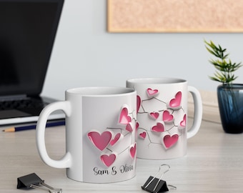 3D Custom name Heart mug. Valentine's Day Mug.