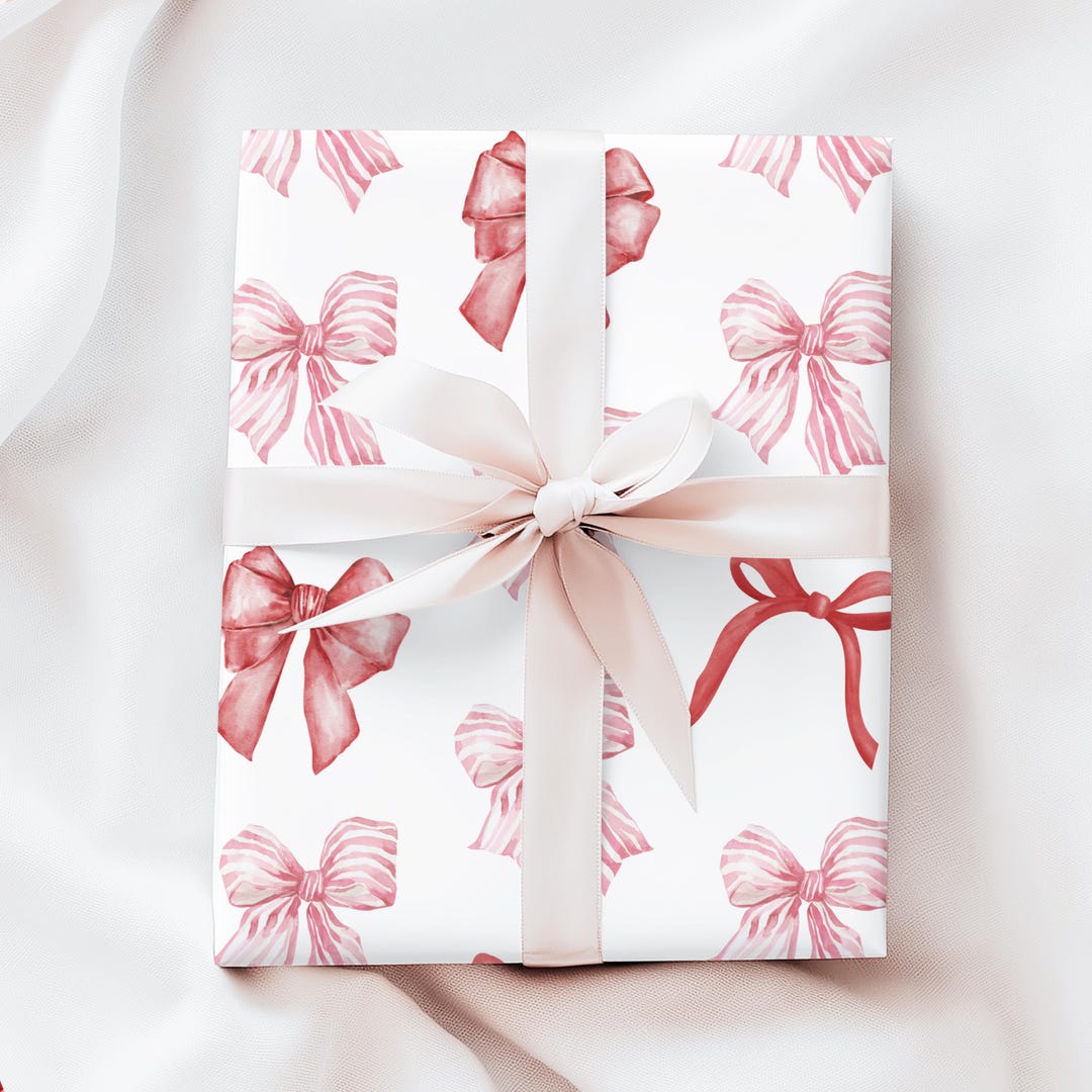 Assorted Ribbons Wrapping Paper | Red and Pink Ribbons on White ...