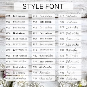 May include: A chart titled STYLE FONT displaying thirty-six numbered options of the phrase Best wishes in various typefaces, ranging from bold serif and sans-serif to elegant cursive scripts, presented in black text on a white background.