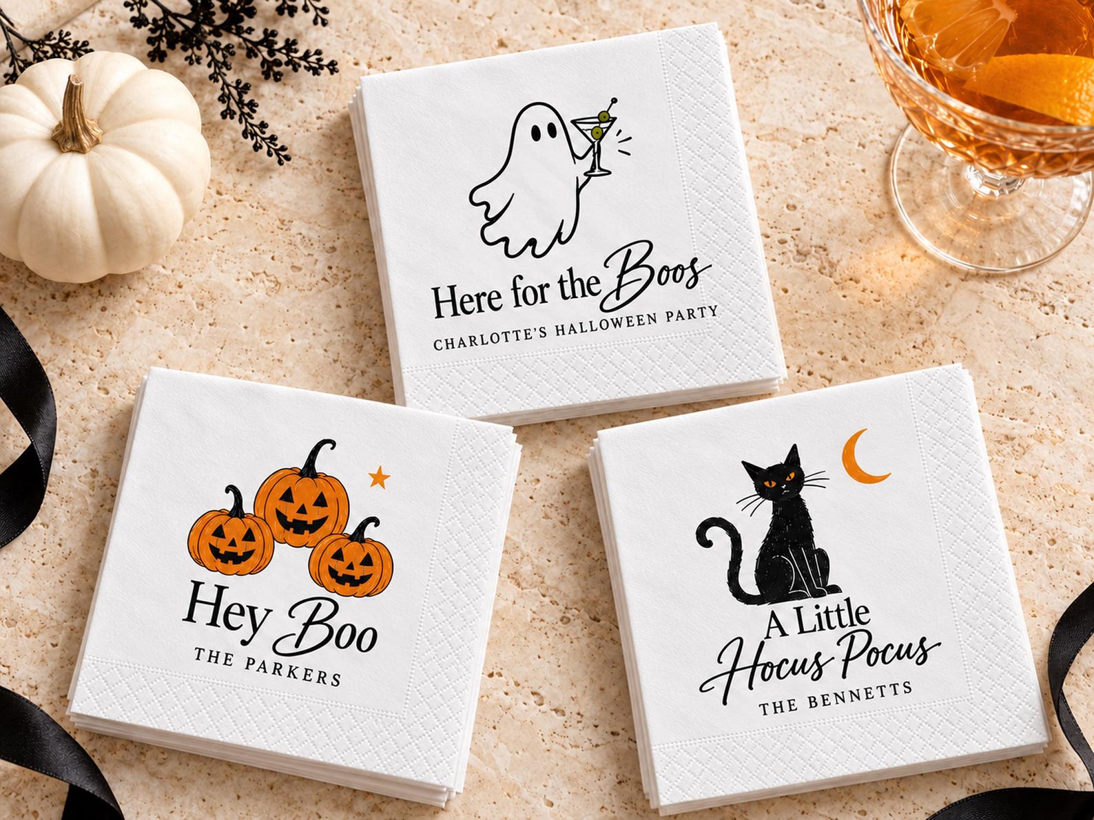 A Friendly Personalized Ghost Stack Personalized white cocktail napkin previews with ghost, pumpkin and cat designs.
