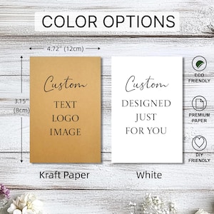 May include: Two rectangular cards measuring 12 cm by 8 cm. One card is brown kraft paper with black text reading Custom TEXT LOGO IMAGE. The other is white paper with black text reading Custom DESIGNED JUST FOR YOU.