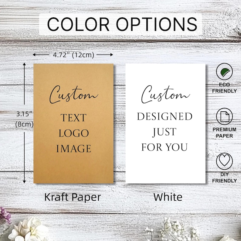 May include: Two rectangular cards measuring 12 cm by 8 cm. One card is brown kraft paper with black text reading Custom TEXT LOGO IMAGE. The other is white paper with black text reading Custom DESIGNED JUST FOR YOU.