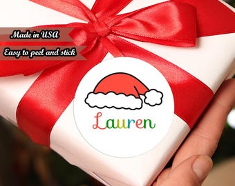18 BULK Santa Hat Christmas Stickers | Custom Name Holiday Labels | Glossy Waterproof Finish