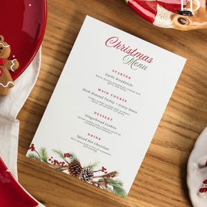 Edytowalny szablon menu świątecznego, menu na świąteczną kolację, menu na wigilię do wydrukowania, menu na firmową rodzinną imprezę świąteczną, menu bufetu świątecznego