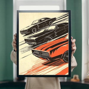 Vintage Muscle Car Wall Art For Him, Retro Man Cave Decor, Car Enthusiast Gift, USA Auto Art, For Son, Dad, Husband, Boyfriend Petrol Head