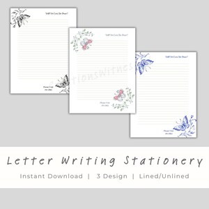 May include: Three sheets of lined stationery featuring butterfly and floral illustrations in black, pink, and blue. Each sheet includes the text Will We Ever See Peace? at the top and Please Visit JW.ORG at the bottom, with butterflies in corners.