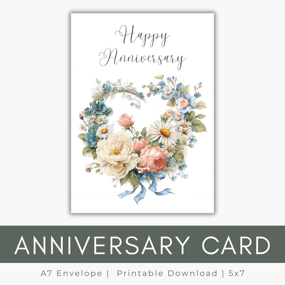 Floral Heart Anniversary Card | Printable A7 Card With Birds (PDF ...