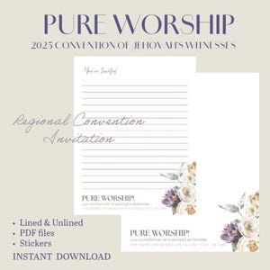 Carta de Adoração Pura JW e adesivos em roxo e creme floral