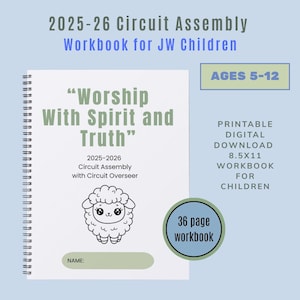 Puede incluir: Un cuaderno con espiral para niños, con el título "Worship With Spirit and Truth" y el texto "2025-2026 Circuit Assembly". La portada presenta una linda ilustración de oveja. El cuaderno mide 21,59 x 27,94 cm y tiene 36 páginas.
